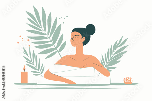 Relaxed female in spa with towels, candles, and leaves in a serene setting