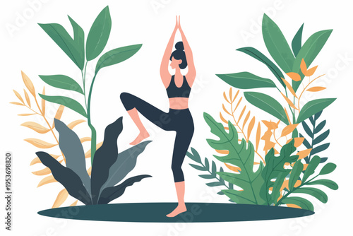 Young caucasian female practicing yoga amid vibrant tropical foliage