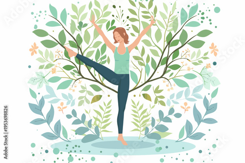 Young caucasian female practicing yoga in nature with leafy background