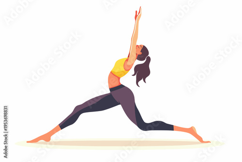 Young female in yoga pose: warrior i with extended arms