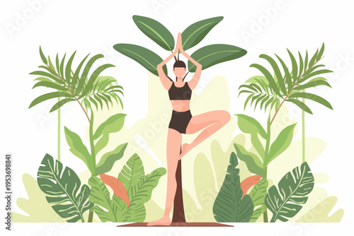 Young female practicing yoga pose amidst lush green nature background