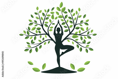 Woman practicing yoga with tree silhouette and leaves integration