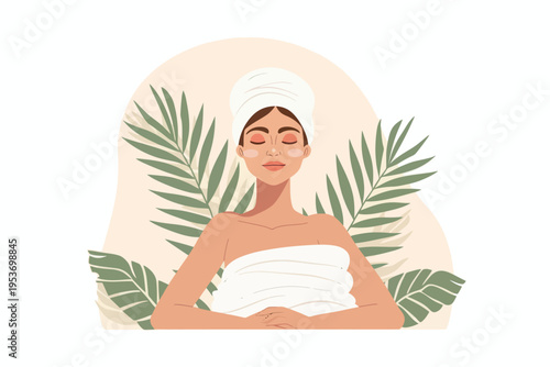Young hispanic female relaxing in spa with tropical leaves and towel wrap
