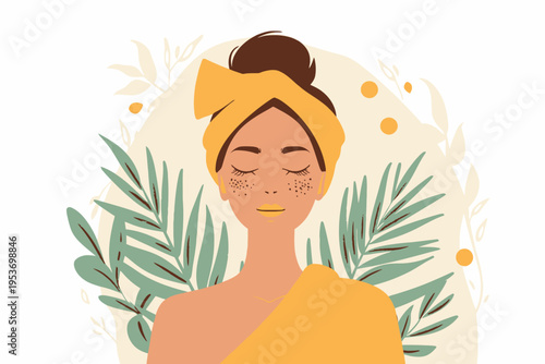 Young hispanic female relaxation with floral background in yellow attire