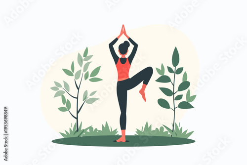 Asian female practicing yoga outdoors in nature illustration