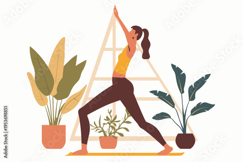 Young caucasian female practicing yoga surrounded by indoor plants in modern setting