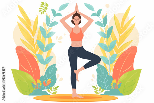 Young caucasian female practicing yoga in nature-themed setting