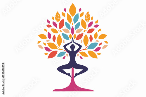 Colorful tree of life with meditating figure and vibrant leaves