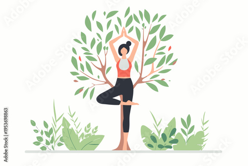 Young female practicing yoga in nature with tree pose illustration