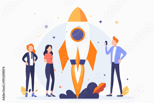 Young adults collaborating on rocket launch illustration with technology and innovation