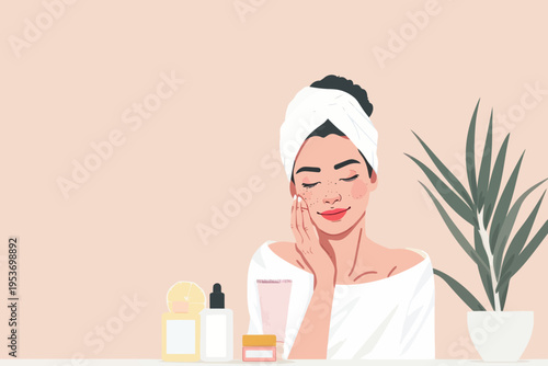 Young female relaxing with skincare routine in minimalist setting