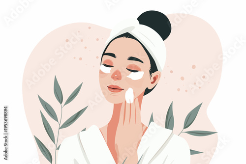 Asian female skincare routine with moisturizer and eye patches