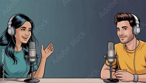 Vector illustration in a cartoon style. A man and a woman wearing headphones and carrying microphones are hosting a podcast in a casual setting.