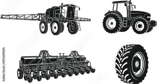 Agricultural machinery illustrations set with tractor, sprayer, seeder and tire, farming equipment collection for agriculture, crop production, rural industry and heavy machinery applications