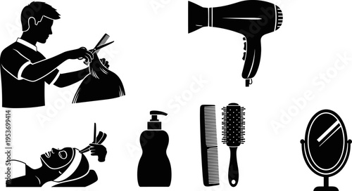 Black and white salon icons set featuring barber cutting hair, hair dryer, facial mask treatment, shampoo bottle, professional combs, and vanity mirror for beauty services.