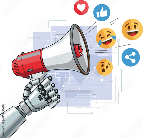 Robot Hand Holding Megaphone with Social Media Icons and Emojis, AI Marketing Automation Concept