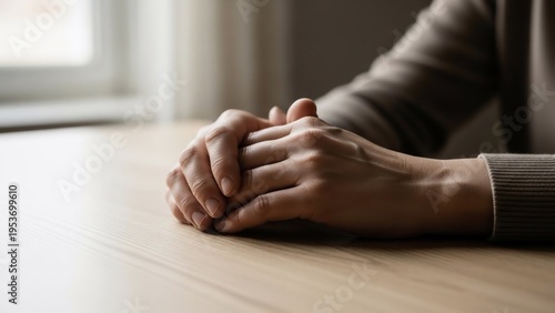 Close-up of a persons hands clasped together on a wooden table, conveying a sense of thought or contemplation.