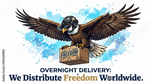 Patriotic Bald Eagle in Tactical Helmet Delivering Freedom Box - Overnight Delivery Military Illustration with Funny Slogan