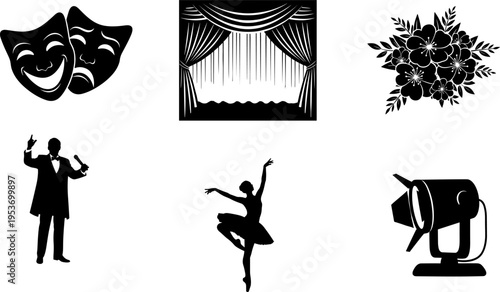 Black and White Theater Performance Icons Set Including Drama Masks Stage Curtains Flowers Ballerina Dancer Spotlight and Public Speaker Silhouettes for Creative Design Projects