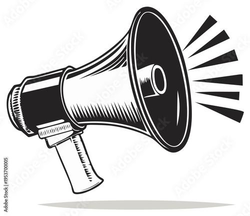 Illustration of a classic megaphone speaker in monochrome promoting loud announcements