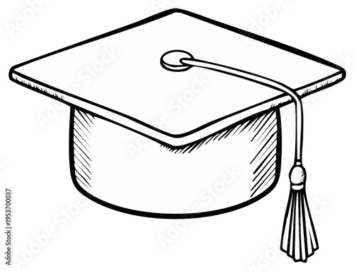 Illustrated graduation cap with tassel, black and white line art, for academic success and higher learning