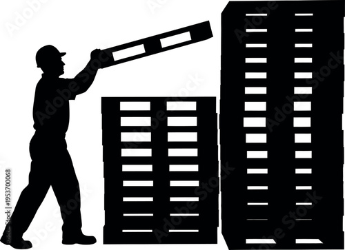 Manual Laborer Silhouette Stacking Wooden Pallets in Warehouse.