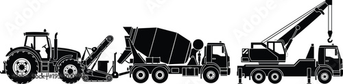 Construction and industrial vehicles silhouettes with tractor, concrete mixer and crane truck, heavy machinery set for building, engineering, transport and infrastructure work operations