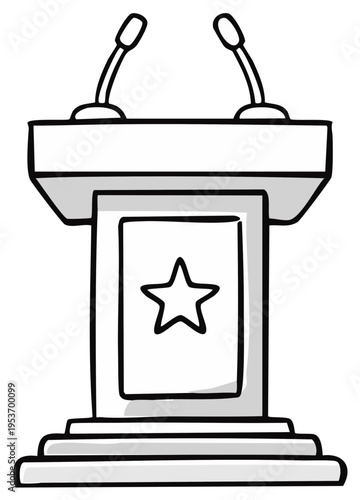 Illustrated podium with microphones and a star emblem for speeches and announcements.