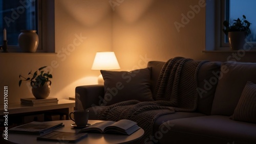 Cozy living room with warm lamp light illuminating a comfortable sofa and coffee table at night.