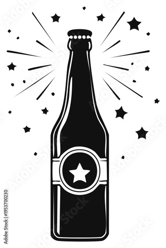 Celebratory Beverage Bottle with Stars and Bursting Rays Graphic Element