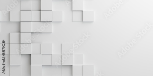 Abstract 3D white cube blocks background with copy space on the right. Modern minimalist square pattern for technology and construction concepts.