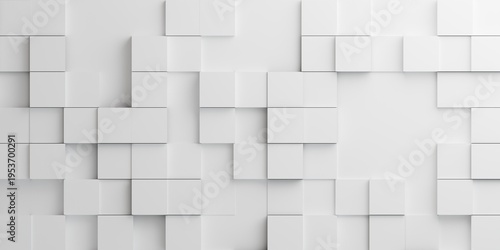 Seamless 3D white square tiles texture background with varying heights. Geometric abstract block pattern for modern interior and tech design.