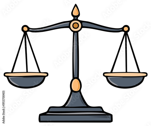 Cartoon illustration of a balance scale representing justice and fairness