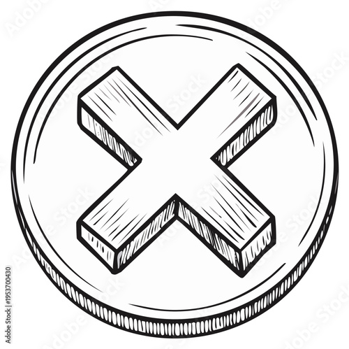 Hand drawn sketch X mark in a circle icon with three dimensional effect representing error close or cancel symbol