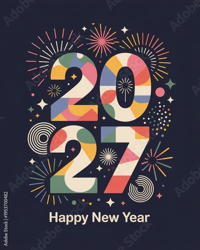 Vibrant Retro Style 2027 New Year Celebration Art with Colorful Geometric Numbers Bursts of Fireworks and Sparkles for Greeting Cards Invitations and Festive Digital Designs