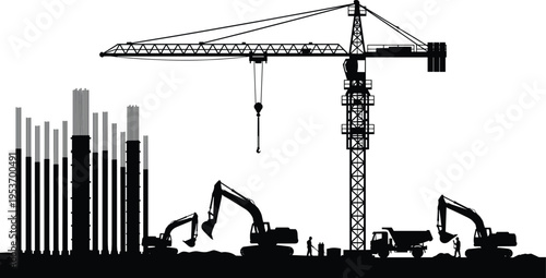 Construction site silhouette with tower crane, excavators and workers building foundation columns, industrial engineering scene showing heavy machinery, urban 