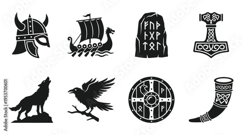 Viking & Norse Mythology Vector Icon Set – Fierce Vectors Featuring Helmets, Longships, Runes, Thor’s Hammer, Wolves, Ravens, Shields, and Drinking Horns