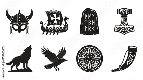 Viking & Norse Mythology Vector Icon Set – Fierce Vectors Featuring Helmets, Longships, Runes, Thor’s Hammer, Wolves, Ravens, Shields, and Drinking Horns