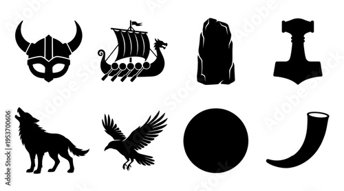 Viking & Norse Mythology Vector Icon Set – Fierce Vectors Featuring Helmets, Longships, Runes, Thor’s Hammer, Wolves, Ravens, Shields, and Drinking Horns