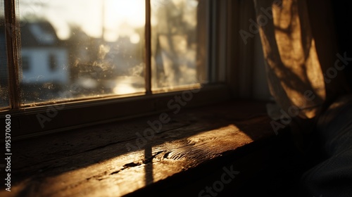Golden sunlight casts soft shadows through a rustic window, illuminating a cozy wooden interior with a tranquil atmosphere.