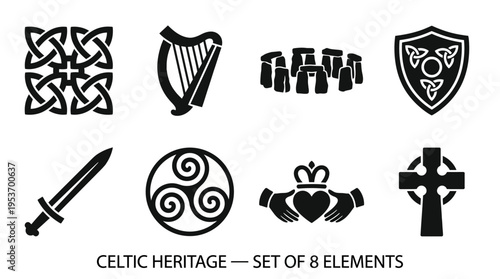 Celtic Heritage & Mythology Vector Icon Set – Enchanting Vectors Featuring Knots, Harps, Stone Circles, Shields, Swords, Claddagh Symbols, Spirals, and Crosses