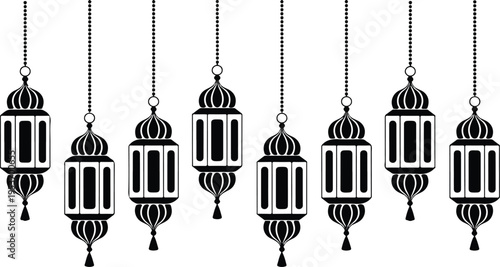 Elegant hanging Ramadan lanterns in black silhouette, traditional Islamic decoration for Eid Mubarak celebration and cultural design illustration