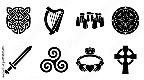 Celtic Heritage & Mythology Vector Icon Set – Enchanting Vectors Featuring Knots, Harps, Stone Circles, Shields, Swords, Claddagh Symbols, Spirals, and Crosses