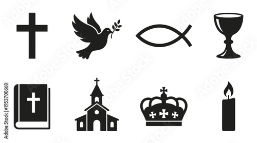 Christian Faith & Worship Vector Icon Set – Sacred Vectors Featuring Crosses, Doves, Fish Symbols, Chalices, Churches, Crowns, Candles, and Bibles
