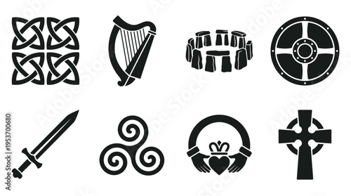 Celtic Heritage & Mythology Vector Icon Set – Enchanting Vectors Featuring Knots, Harps, Stone Circles, Shields, Swords, Claddagh Symbols, Spirals, and Crosses