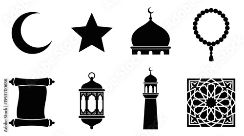 Islamic Faith & Culture Vector Icon Set – Elegant Vectors Featuring Crescents, Stars, Mosques, Prayer Beads, Scrolls, Lanterns, Minarets, and Geometric Patterns