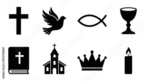Christian Faith & Worship Vector Icon Set – Sacred Vectors Featuring Crosses, Doves, Fish Symbols, Chalices, Churches, Crowns, Candles, and Bibles