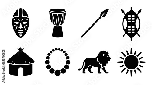 African Tribal Culture Vector Icon Set – Powerful Vectors Featuring Masks, Drums, Spears, Shields, Huts, Necklaces, Lions, and Sun Symbols
