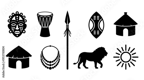 African Tribal Culture Vector Icon Set – Powerful Vectors Featuring Masks, Drums, Spears, Shields, Huts, Necklaces, Lions, and Sun Symbols