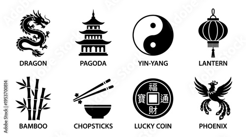 Chinese Culture & Symbolism Vector Icon Set – Elegant Vectors Featuring Dragons, Pagodas, Yin-Yang, Lanterns, Bamboo, Chopsticks, Lucky Coins, and Phoenixes